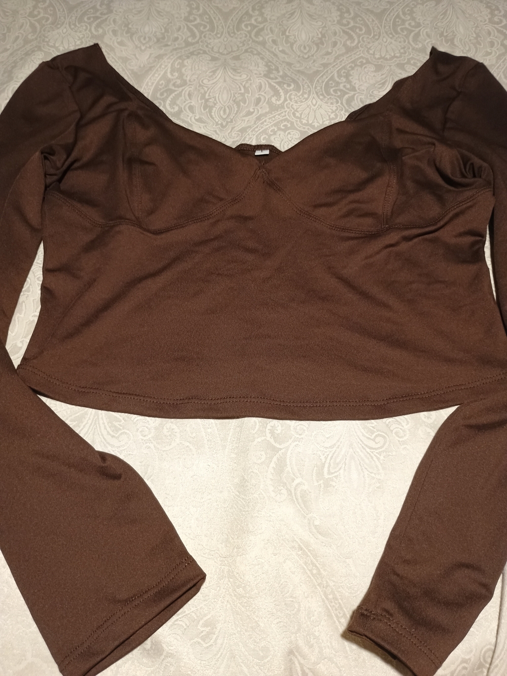 Crop Long Sleeve V-Neck Top in Brown